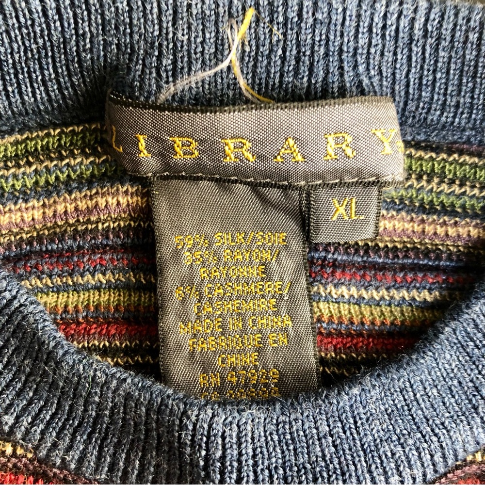 Vintage 80s Grandpacore Crewneck Sweater Library Striped Silk Cashmere Blend XL - Picture 9 of 10